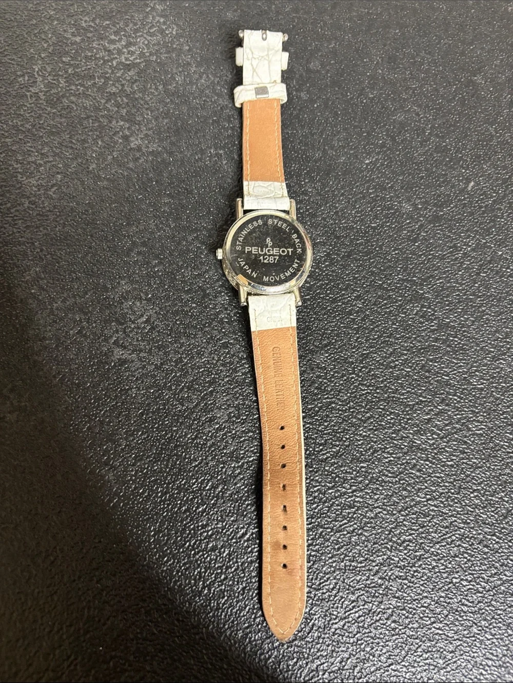 Peugeot WORKING Silver-Tone Crystal Dial Watch Leather White Croc Strap